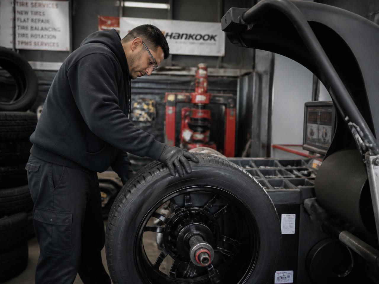 New tire being mounted and balanced at Azteca Tires in Denver